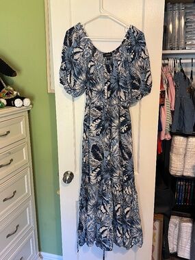 Karen Kane Blue Patterned Poof Sleeve Dress